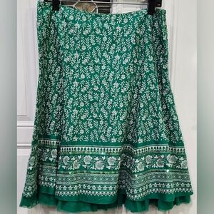 Apt. 9 Green & White Cotton A-line Midi Layered Skirt Floral Pattern Women's 10